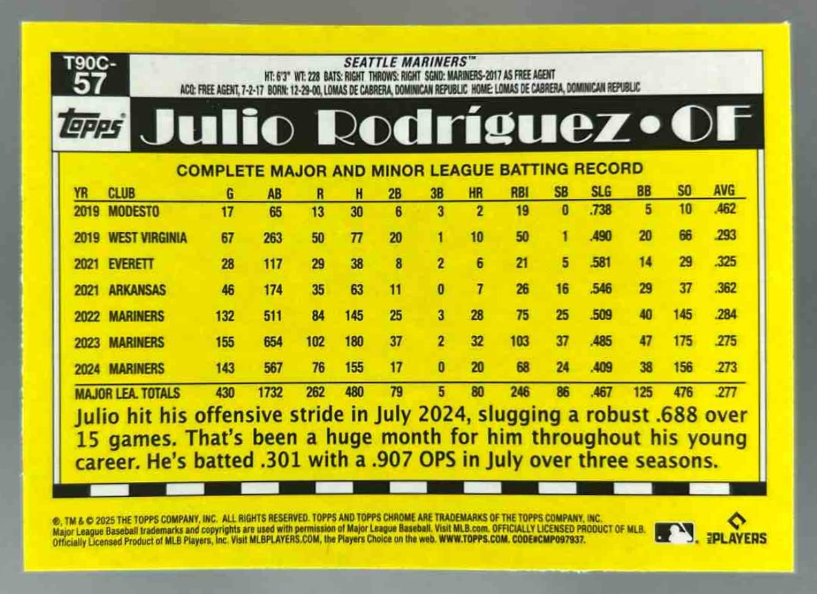 2025 Topps Julio Rodriguez #T90C-57 1990 Baseball Chrome Silver Pack