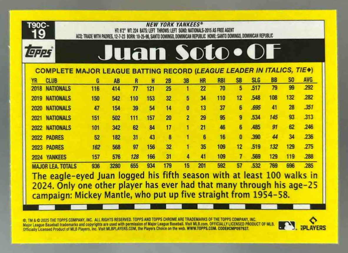 2025 Topps Juan Soto #T90C-19 1990 Baseball Chrome Silver Pack New York Yankees