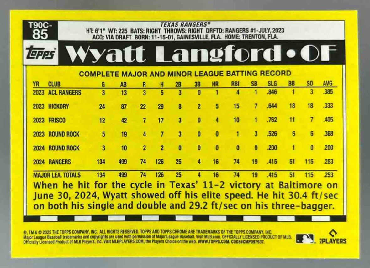 2025 Topps Wyatt Langford #T90C-85 1990 Baseball Chrome Silver Pack